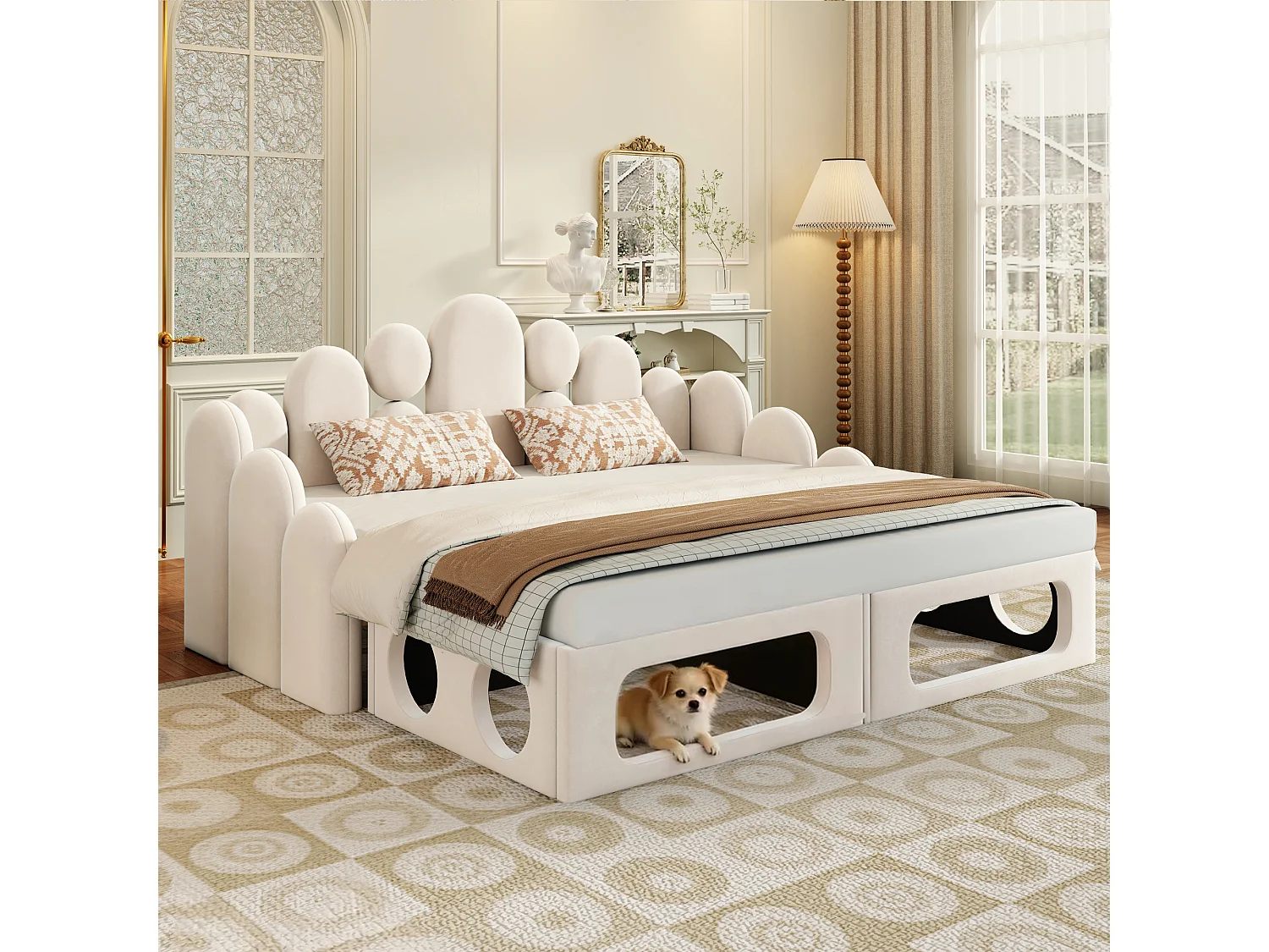 Divano letto imbottito 180x200cm - Tessuto velluto - con rete a doghe - Beige​ (materasso non incluso)