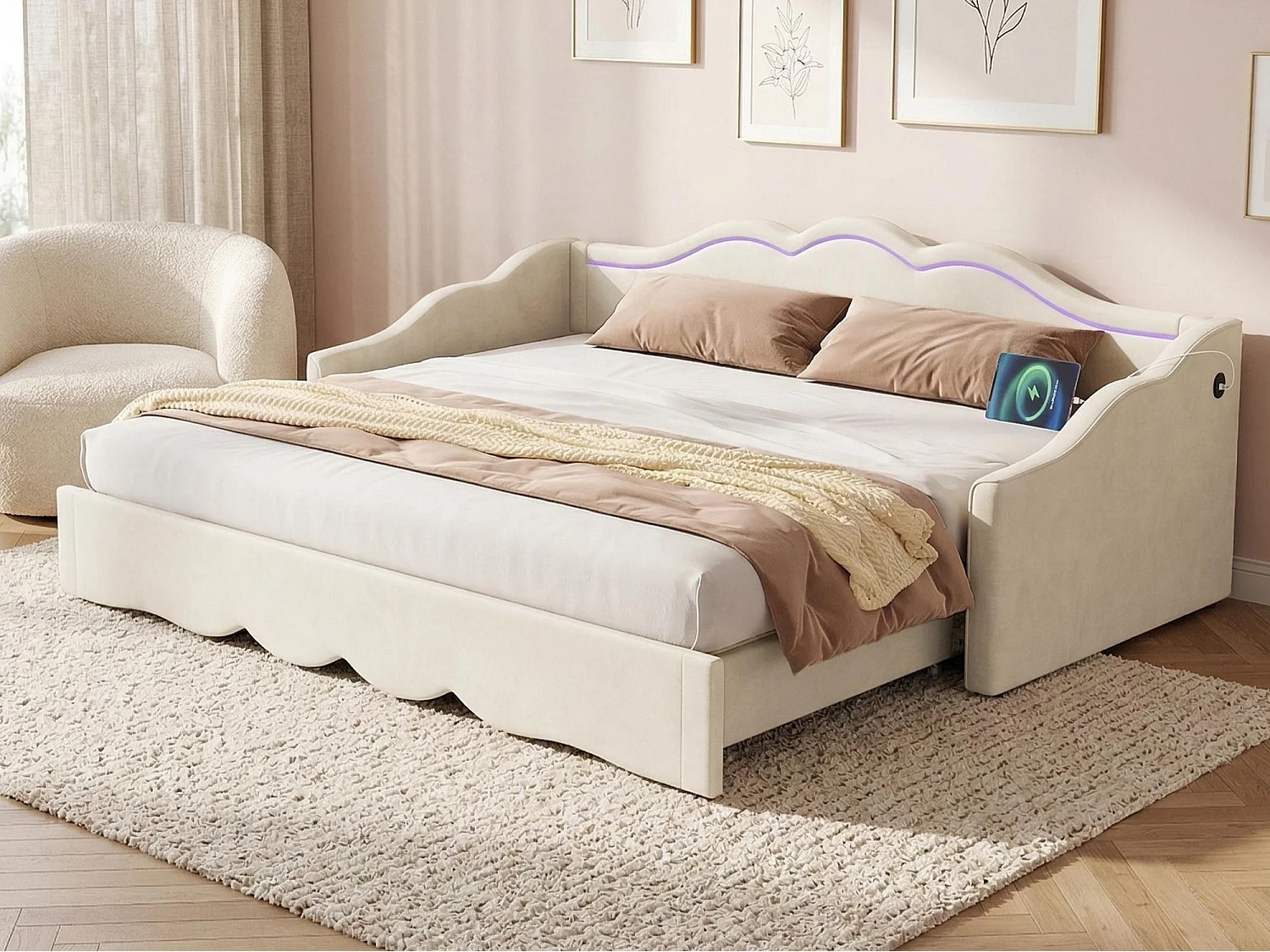 Gepolstertes Schlafsofa 90x200 cm - Mit Gästebett - LED-Beleuchtung und USB-Anschlüsse - Bezug aus Samt - Beige​ (Matratze nicht inbegriffen)