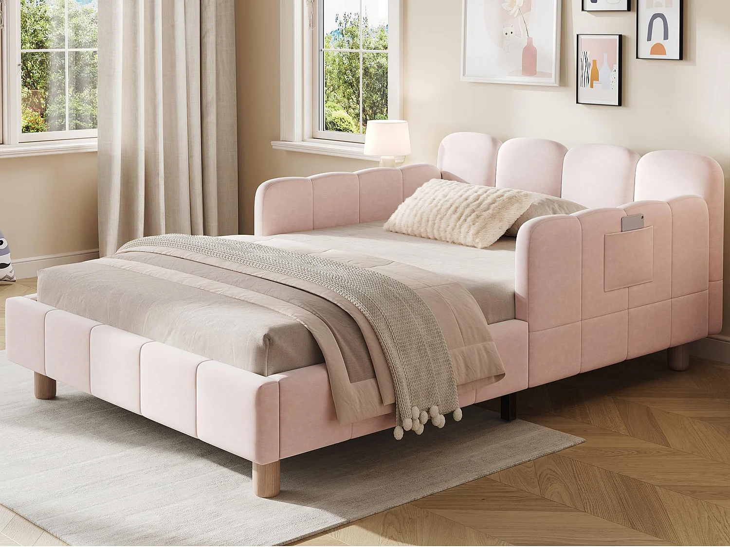 Lit enfant capitonné 90x200cm - avec tête de lit capitonnée et barrières de sécurité - pieds en bois massif - Velours - rose