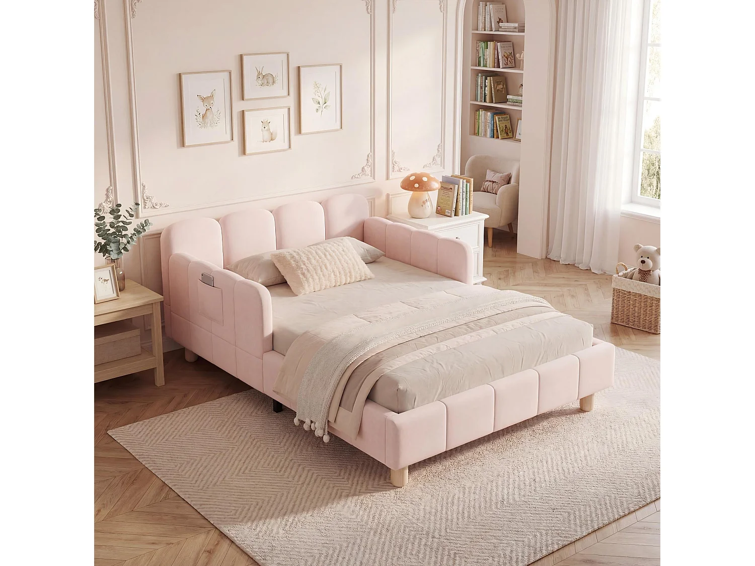 Lit enfant capitonné 90x200cm - avec tête de lit capitonnée et barrières de sécurité - pieds en bois massif - Velours - rose