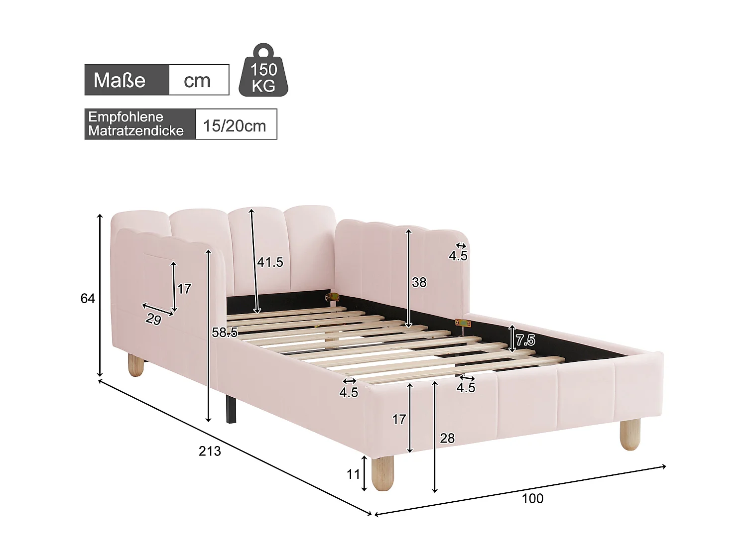 Lit enfant capitonné 90x200cm - avec tête de lit capitonnée et barrières de sécurité - pieds en bois massif - Velours - rose