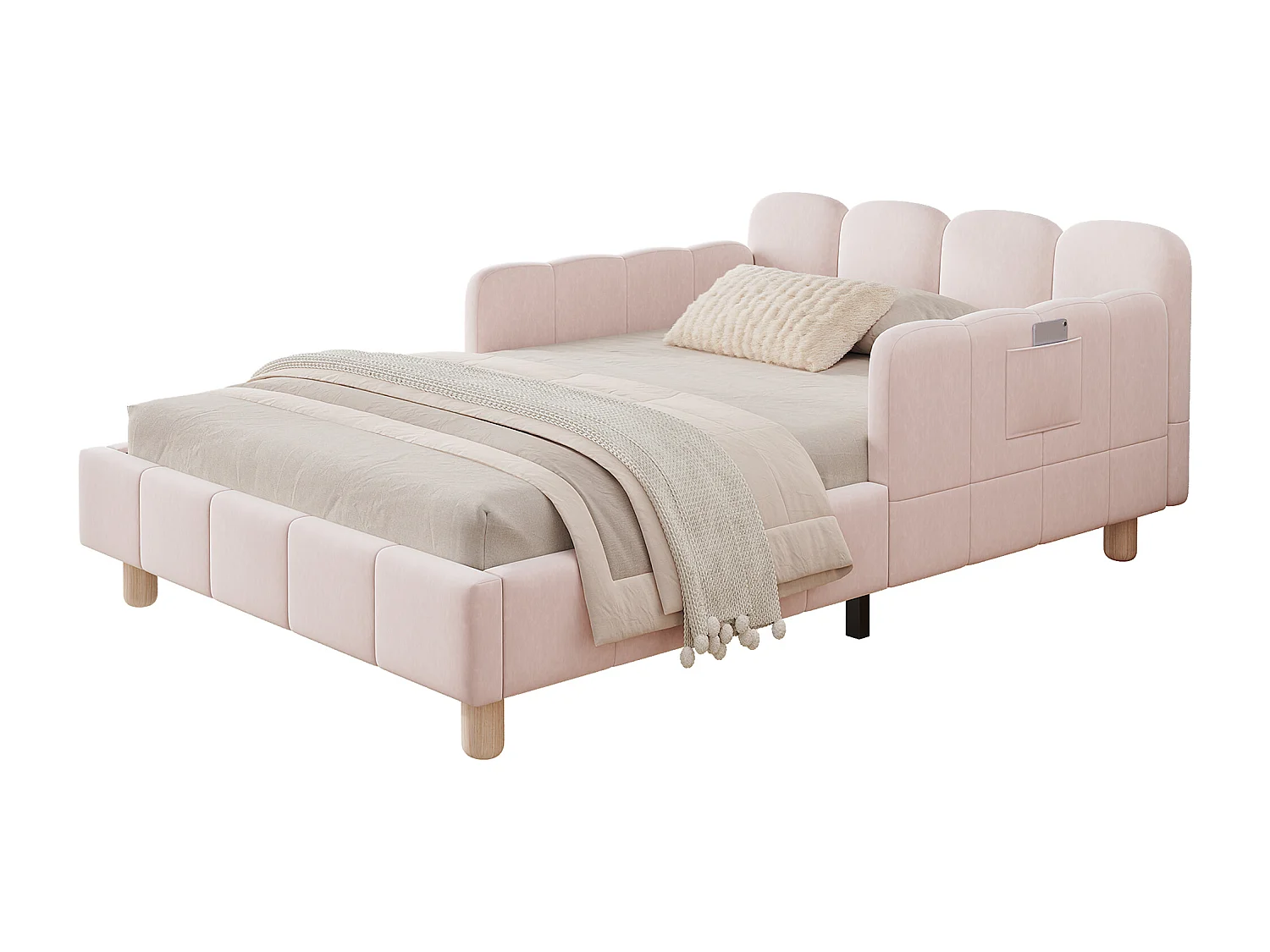 Lit enfant capitonné 90x200cm - avec tête de lit capitonnée et barrières de sécurité - pieds en bois massif - Velours - rose