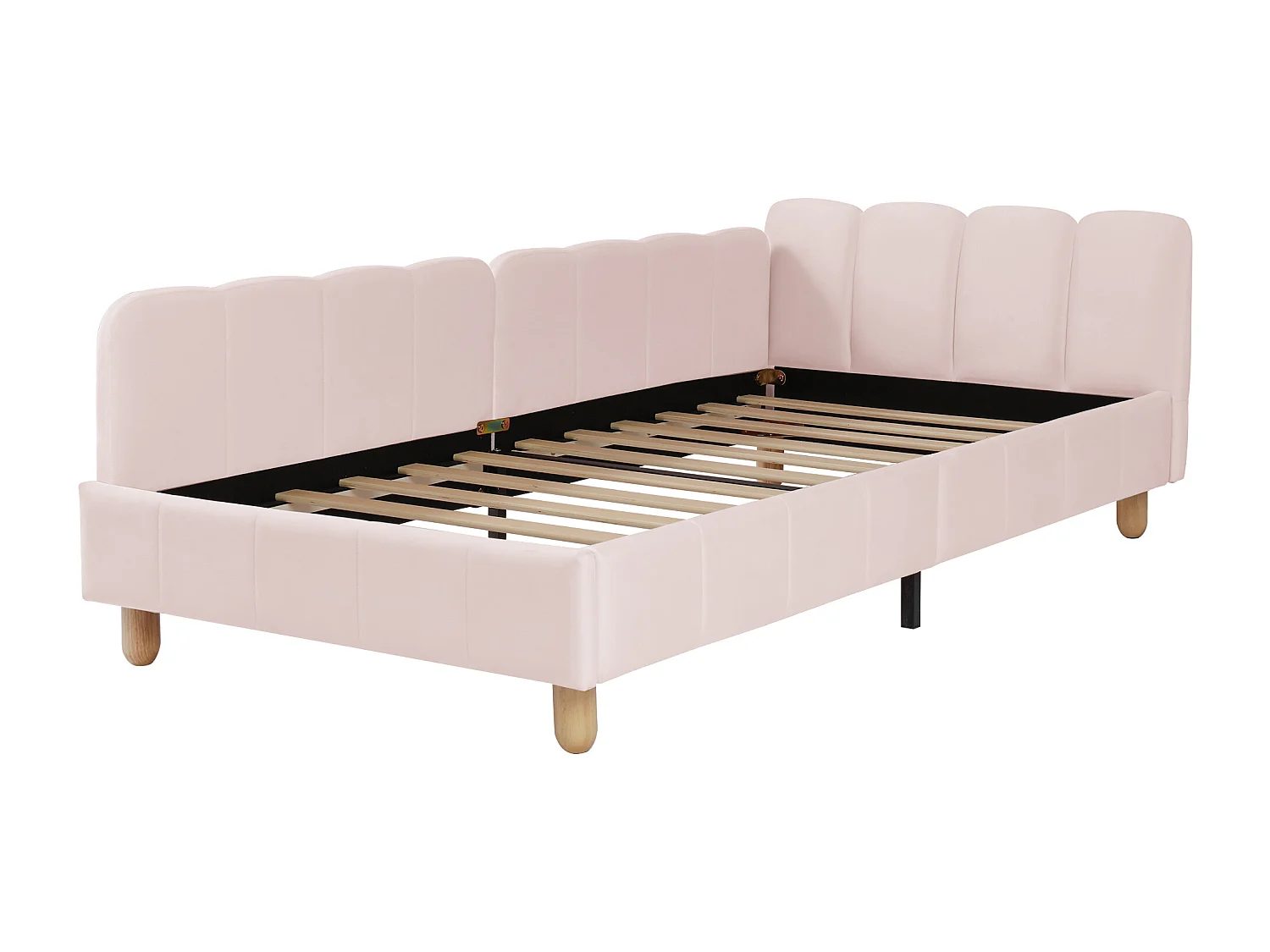 Lit enfant capitonné 90x200cm - avec tête de lit capitonnée et barrières de sécurité - pieds en bois massif - Velours - rose