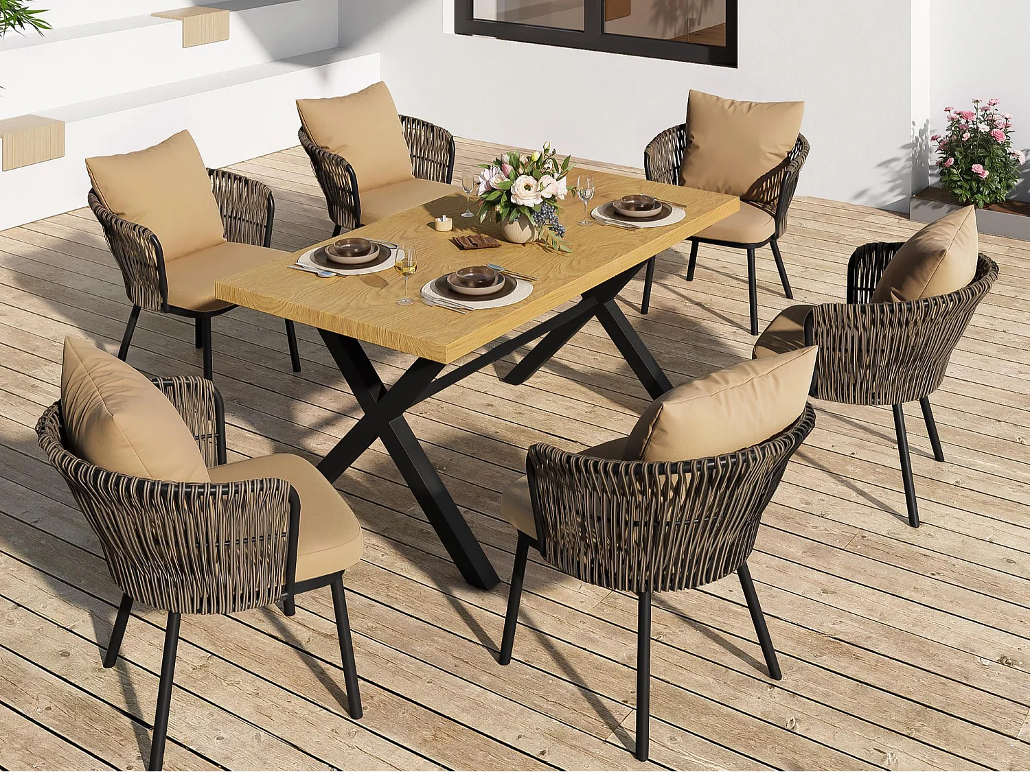 Tuin eetkamer set voor 6 personen, eettafel van ijzer, frame van gegalvaniseerd ijzer, 6 rotan stoelen, Natuur