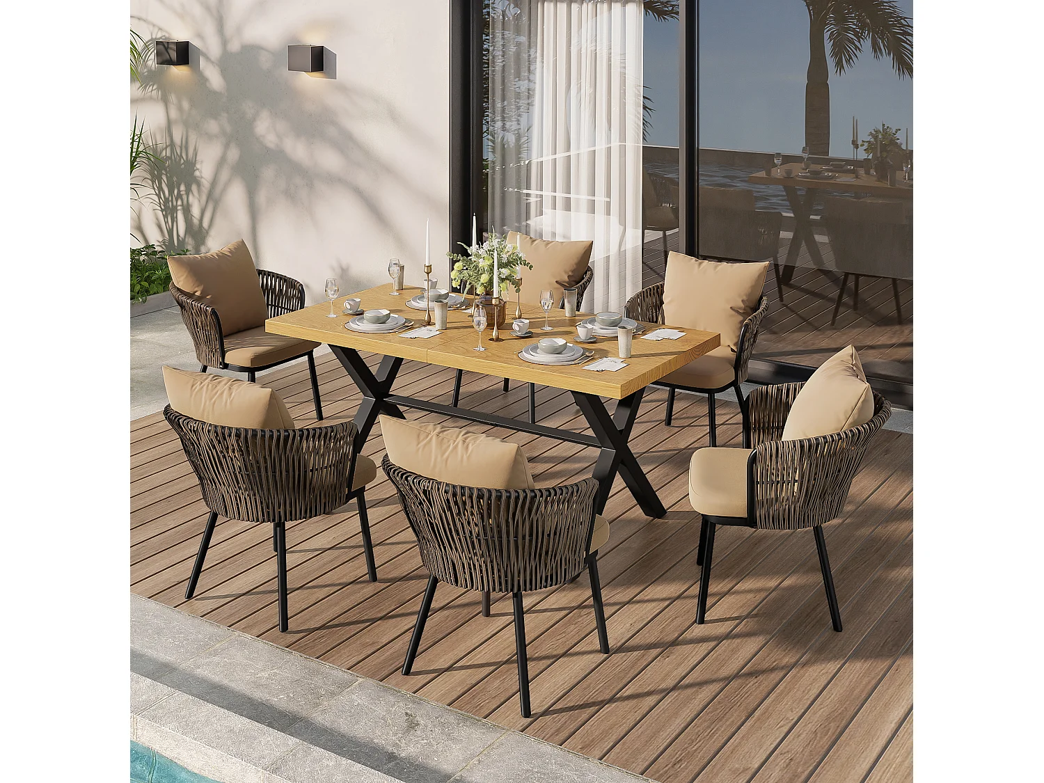 Tuin eetkamer set voor 6 personen, eettafel van ijzer, frame van gegalvaniseerd ijzer, 6 rotan stoelen, Natuur