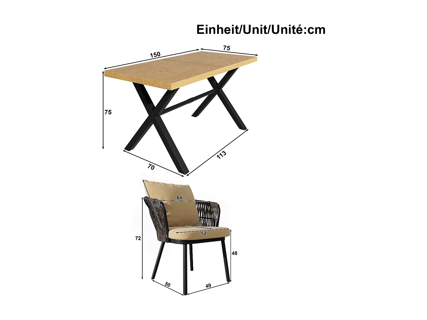 Tuin eetkamer set voor 6 personen, eettafel van ijzer, frame van gegalvaniseerd ijzer, 6 rotan stoelen, Natuur