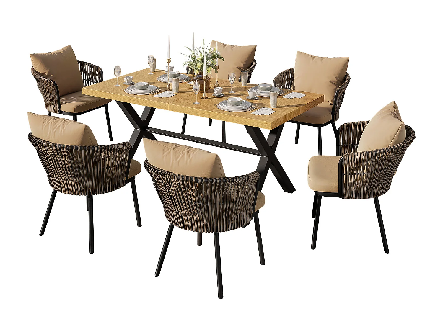 Tuin eetkamer set voor 6 personen, eettafel van ijzer, frame van gegalvaniseerd ijzer, 6 rotan stoelen, Natuur