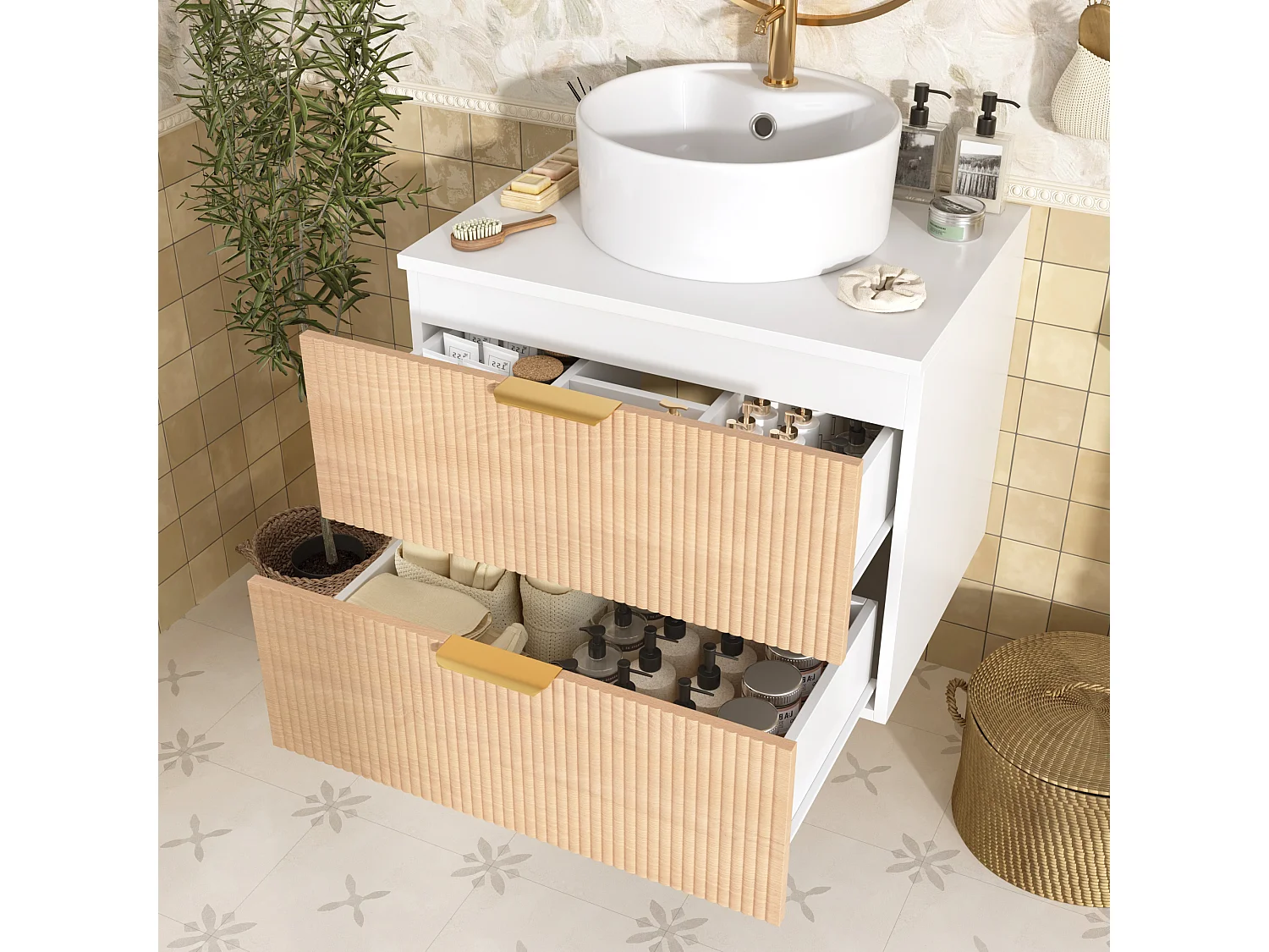 Wandhängender Badezimmerschrank - mit einem runden Keramikwaschbecken - Holzmaserung-Optik - mit 2 Schubladen - weiß + Natur​ (Wasserhahn nicht inbegriffen)