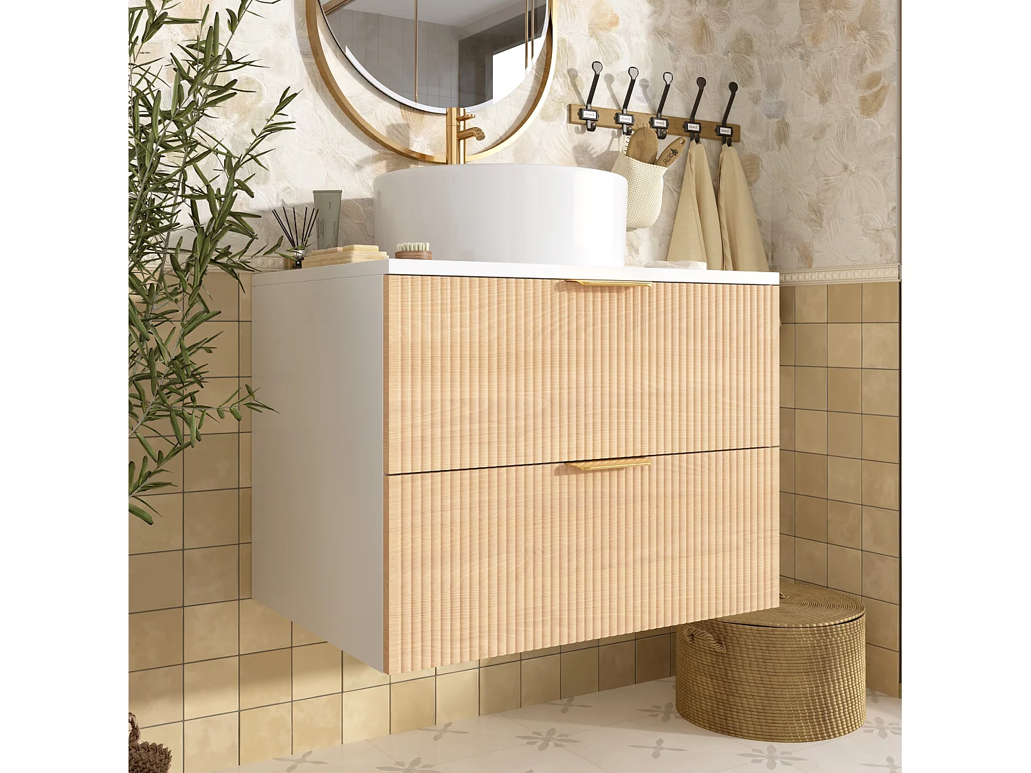 Wandhängender Badezimmerschrank - mit einem runden Keramikwaschbecken - Holzmaserung-Optik - mit 2 Schubladen - weiß + Natur​ (Wasserhahn nicht inbegriffen)