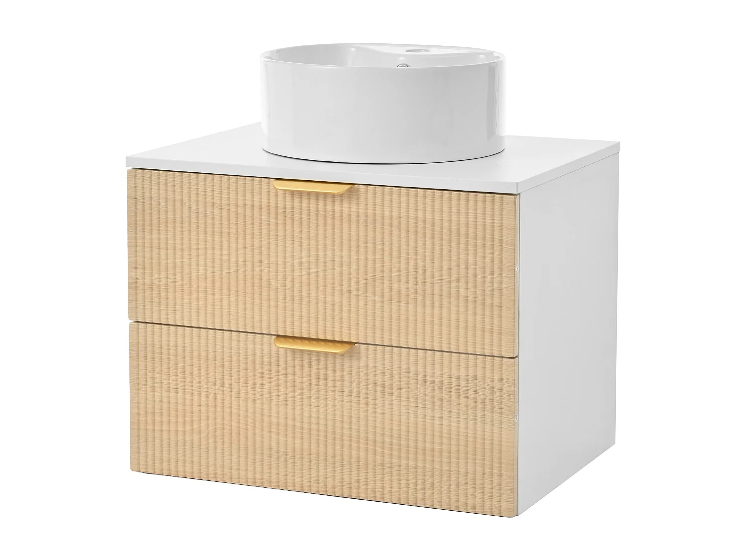 Wandhängender Badezimmerschrank - mit einem runden Keramikwaschbecken - Holzmaserung-Optik - mit 2 Schubladen - weiß + Natur​ (Wasserhahn nicht inbegriffen)