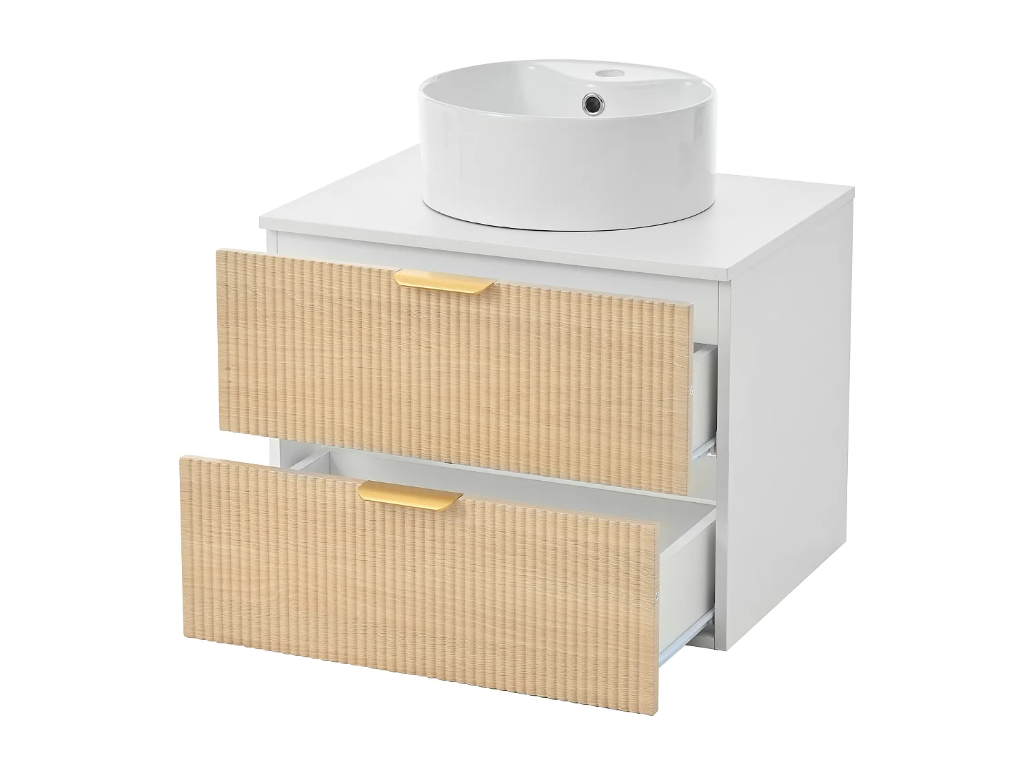 Wandhängender Badezimmerschrank - mit einem runden Keramikwaschbecken - Holzmaserung-Optik - mit 2 Schubladen - weiß + Natur​ (Wasserhahn nicht inbegriffen)