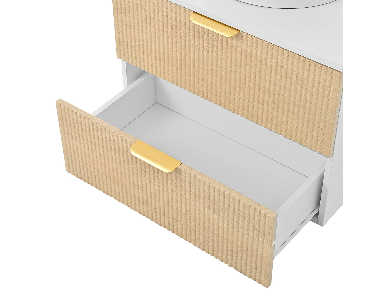 Wandhängender Badezimmerschrank - mit einem runden Keramikwaschbecken - Holzmaserung-Optik - mit 2 Schubladen - weiß + Natur​ (Wasserhahn nicht inbegriffen)