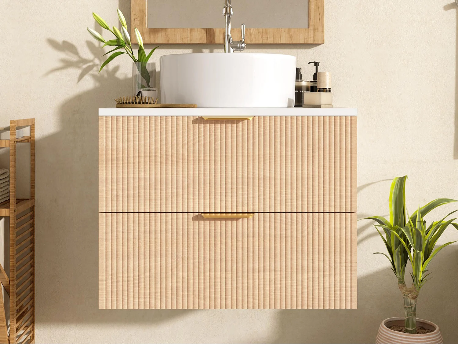 Wandhängender Badezimmerschrank - mit einem runden Keramikwaschbecken - Holzmaserung-Optik - mit 2 Schubladen - weiß + Natur​ (Wasserhahn nicht inbegriffen)