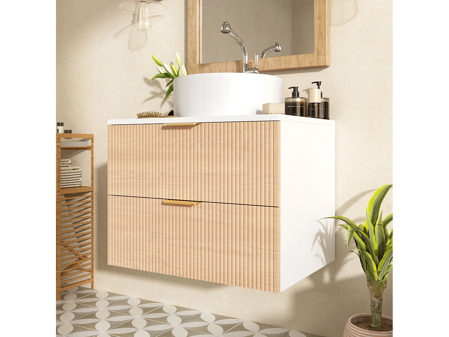 Wandhängender Badezimmerschrank - mit einem runden Keramikwaschbecken - Holzmaserung-Optik - mit 2 Schubladen - weiß + Natur​ (Wasserhahn nicht inbegriffen)