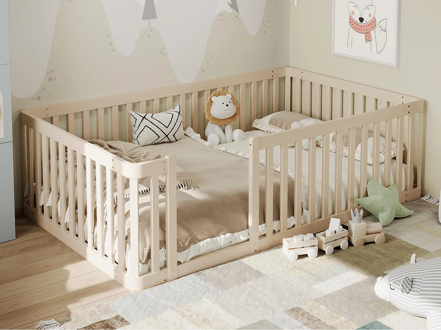 Lit enfant en bois 90x200 cm - avec barrière semi-fermée - Pin - Naturel (Sommier et matelas non inclus)