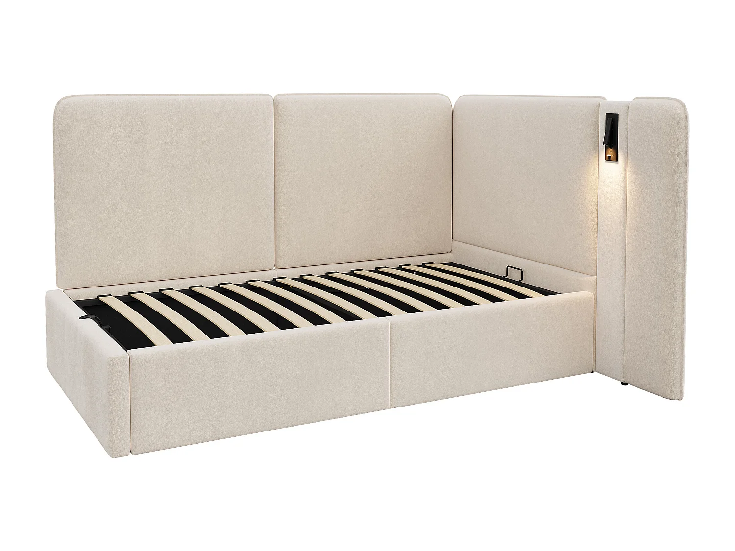 Gepolstertes Schlafsofa mit Bettkasten 90x200cm - USB-Ladeanschluss und Leselampe - Samtstoff - Beige​ (ohne Matratze)