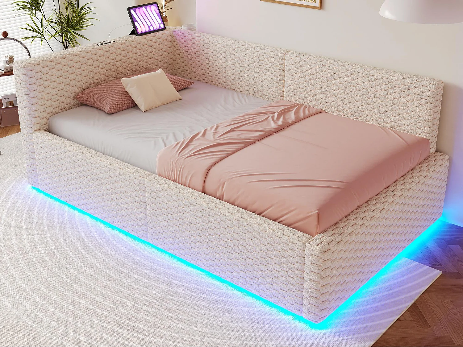 Schlafsofa mit Stauraum 90 x 200 cm - mit LED-Beleuchtung - mit Type-C-Schnittstelle + 2 USB-Anschlüssen - beige​ (Matratze nicht inbegriffen)