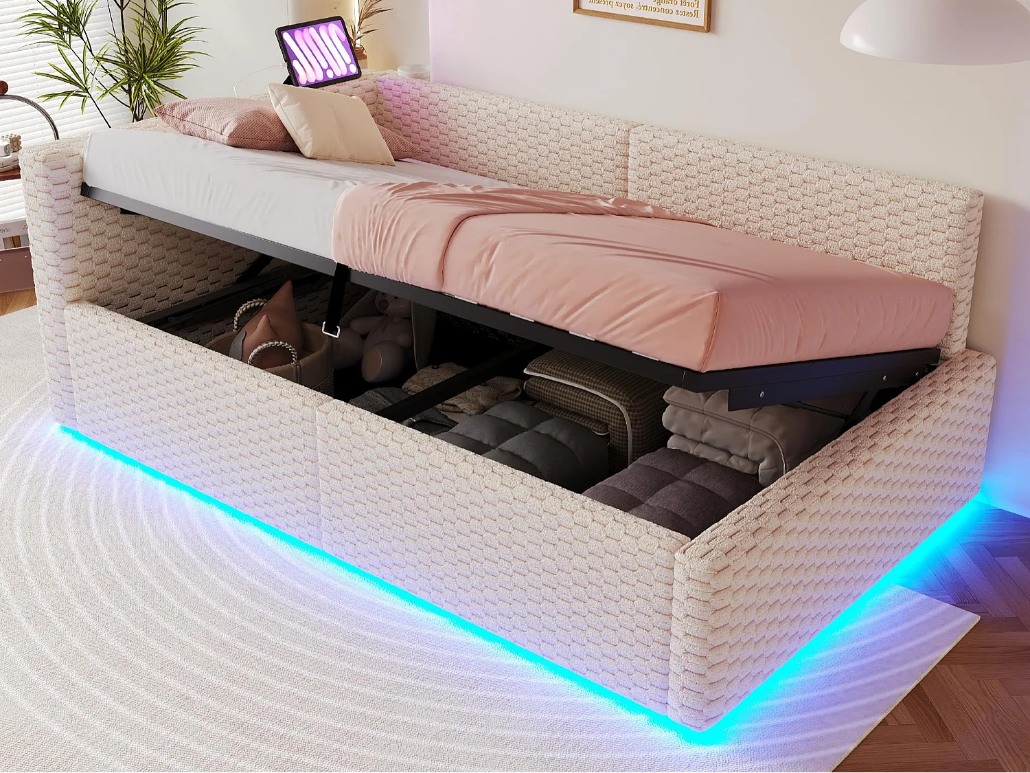 Schlafsofa mit Stauraum 90 x 200 cm - mit LED-Beleuchtung - mit Type-C-Schnittstelle + 2 USB-Anschlüssen - beige​ (Matratze nicht inbegriffen)