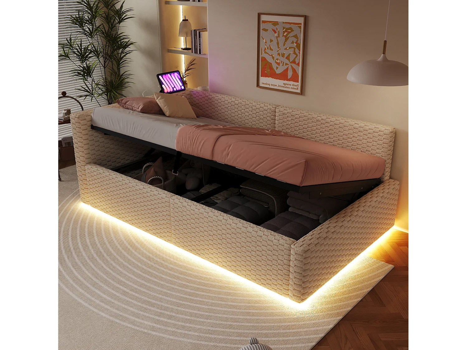 Schlafsofa mit Stauraum 90 x 200 cm - mit LED-Beleuchtung - mit Type-C-Schnittstelle + 2 USB-Anschlüssen - beige​ (Matratze nicht inbegriffen)