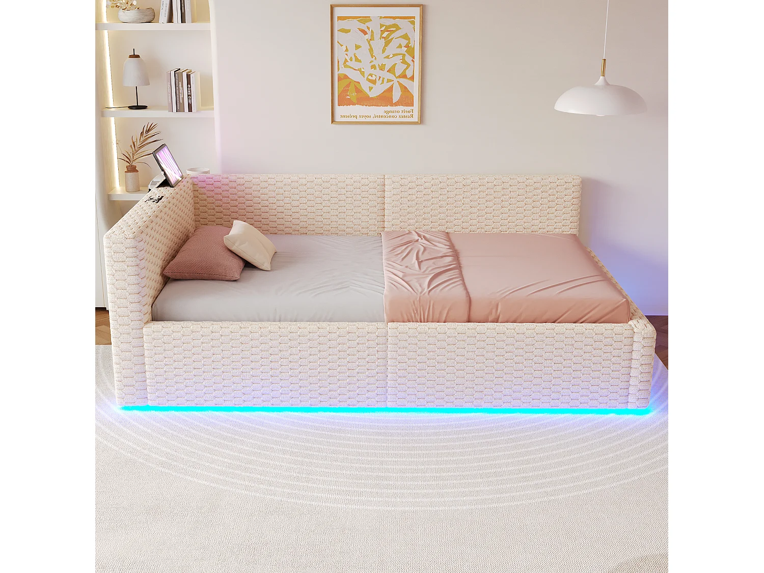Schlafsofa mit Stauraum 90 x 200 cm - mit LED-Beleuchtung - mit Type-C-Schnittstelle + 2 USB-Anschlüssen - beige​ (Matratze nicht inbegriffen)