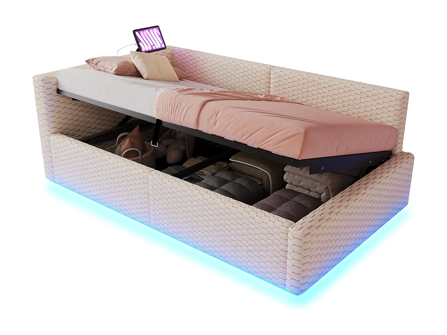 Schlafsofa mit Stauraum 90 x 200 cm - mit LED-Beleuchtung - mit Type-C-Schnittstelle + 2 USB-Anschlüssen - beige​ (Matratze nicht inbegriffen)
