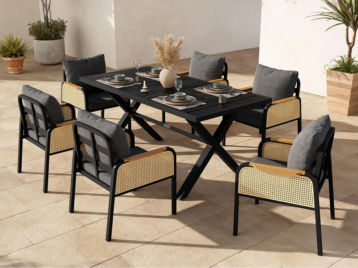 Garten-Esszimmer-Set für 6 Personen, Esstisch aus Eisen, Gestell aus verzinktem Eisen, 6 Rattan-Stühle, Schwarz