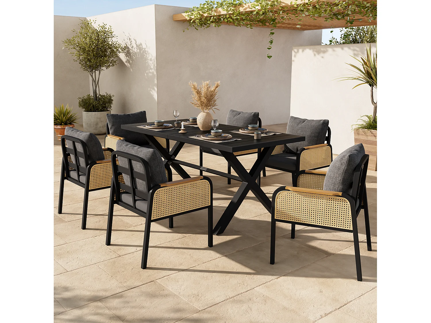 Garten-Esszimmer-Set für 6 Personen, Esstisch aus Eisen, Gestell aus verzinktem Eisen, 6 Rattan-Stühle, Schwarz