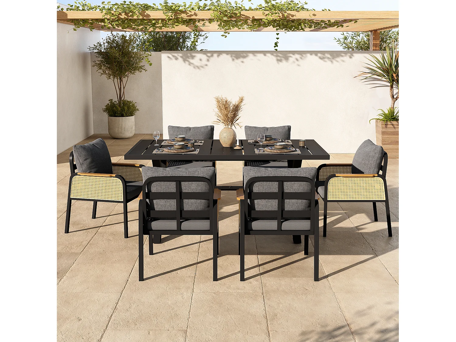 Garten-Esszimmer-Set für 6 Personen, Esstisch aus Eisen, Gestell aus verzinktem Eisen, 6 Rattan-Stühle, Schwarz