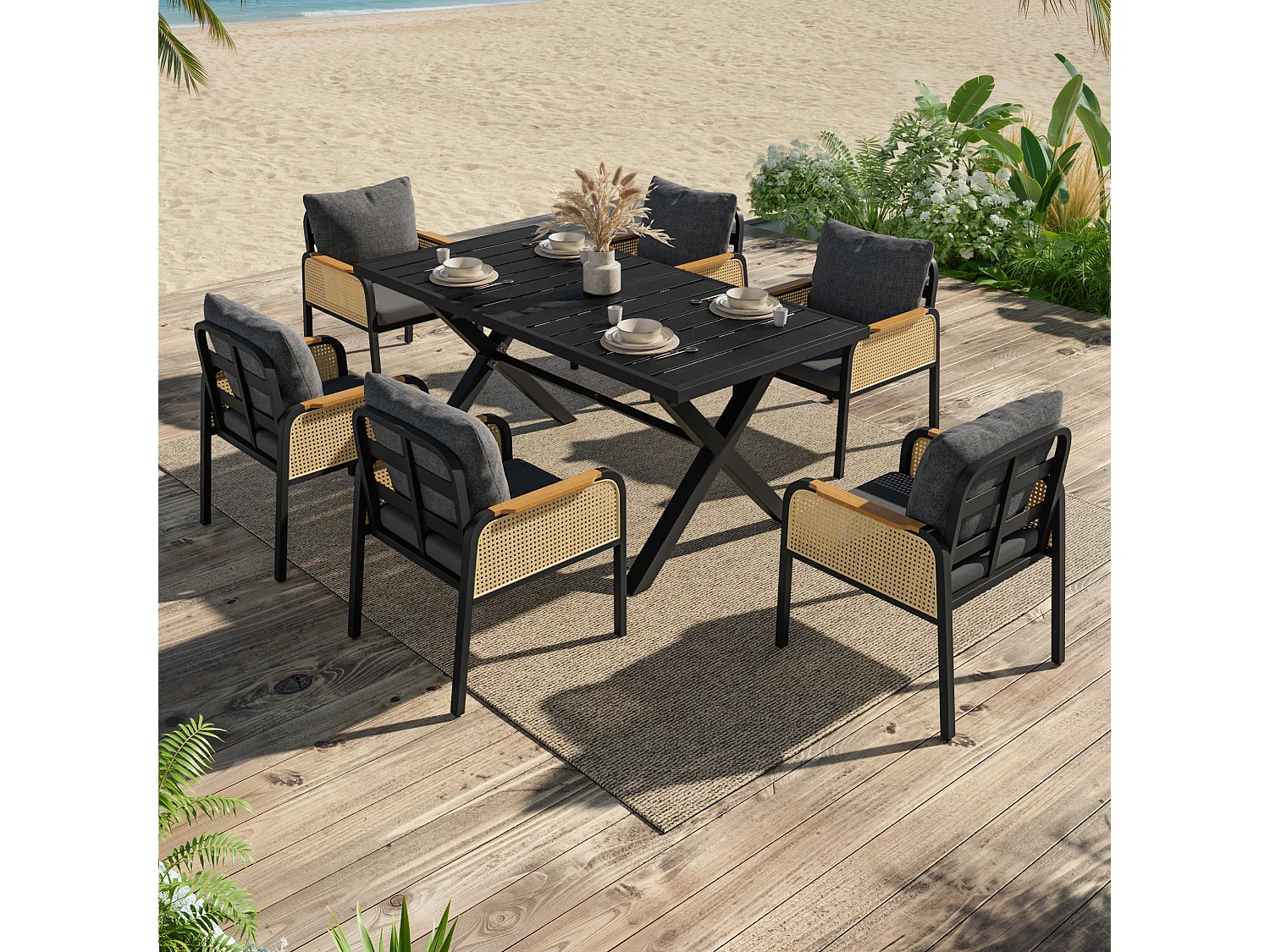Garten-Esszimmer-Set für 6 Personen, Esstisch aus Eisen, Gestell aus verzinktem Eisen, 6 Rattan-Stühle, Schwarz