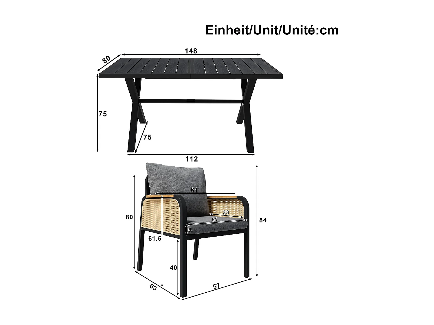 Garten-Esszimmer-Set für 6 Personen, Esstisch aus Eisen, Gestell aus verzinktem Eisen, 6 Rattan-Stühle, Schwarz
