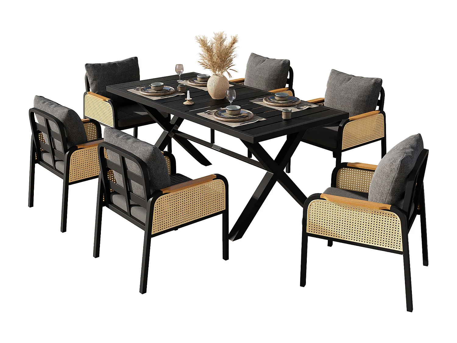 Garten-Esszimmer-Set für 6 Personen, Esstisch aus Eisen, Gestell aus verzinktem Eisen, 6 Rattan-Stühle, Schwarz