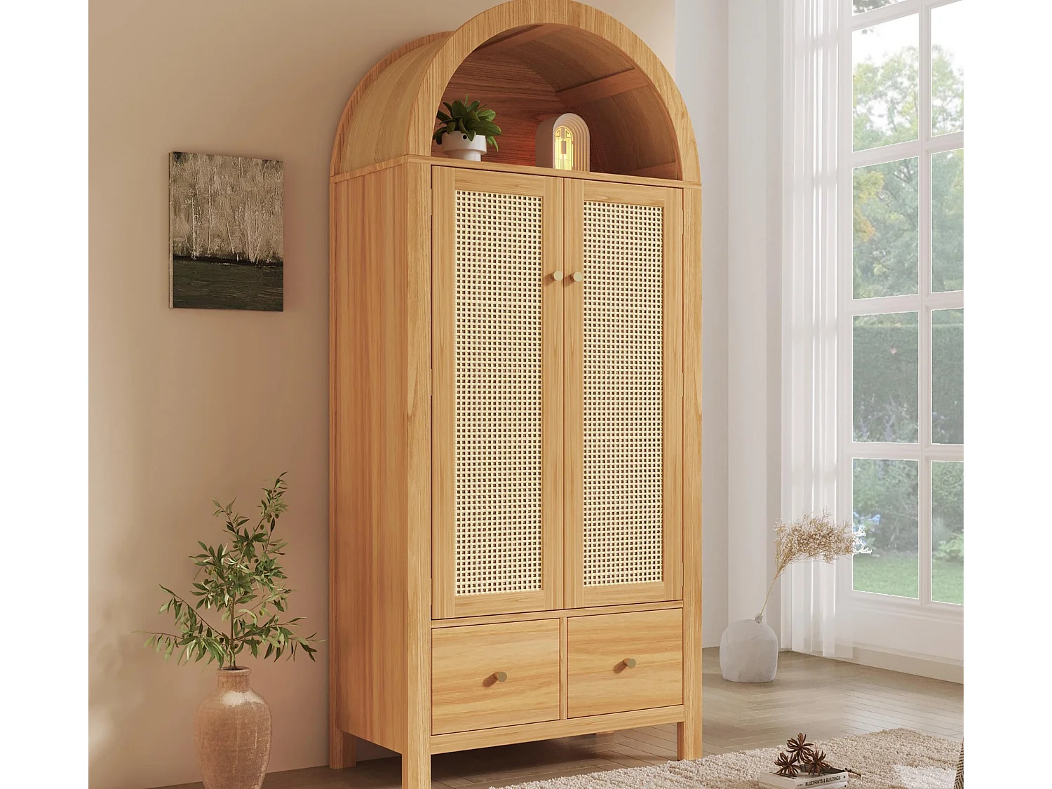 Schrank 78x45x181cm - Offene Regale und Kleiderstangen - mit 2 Rattantüren und 2 Schubladen - rustikaler Stil - Eichenfarbe