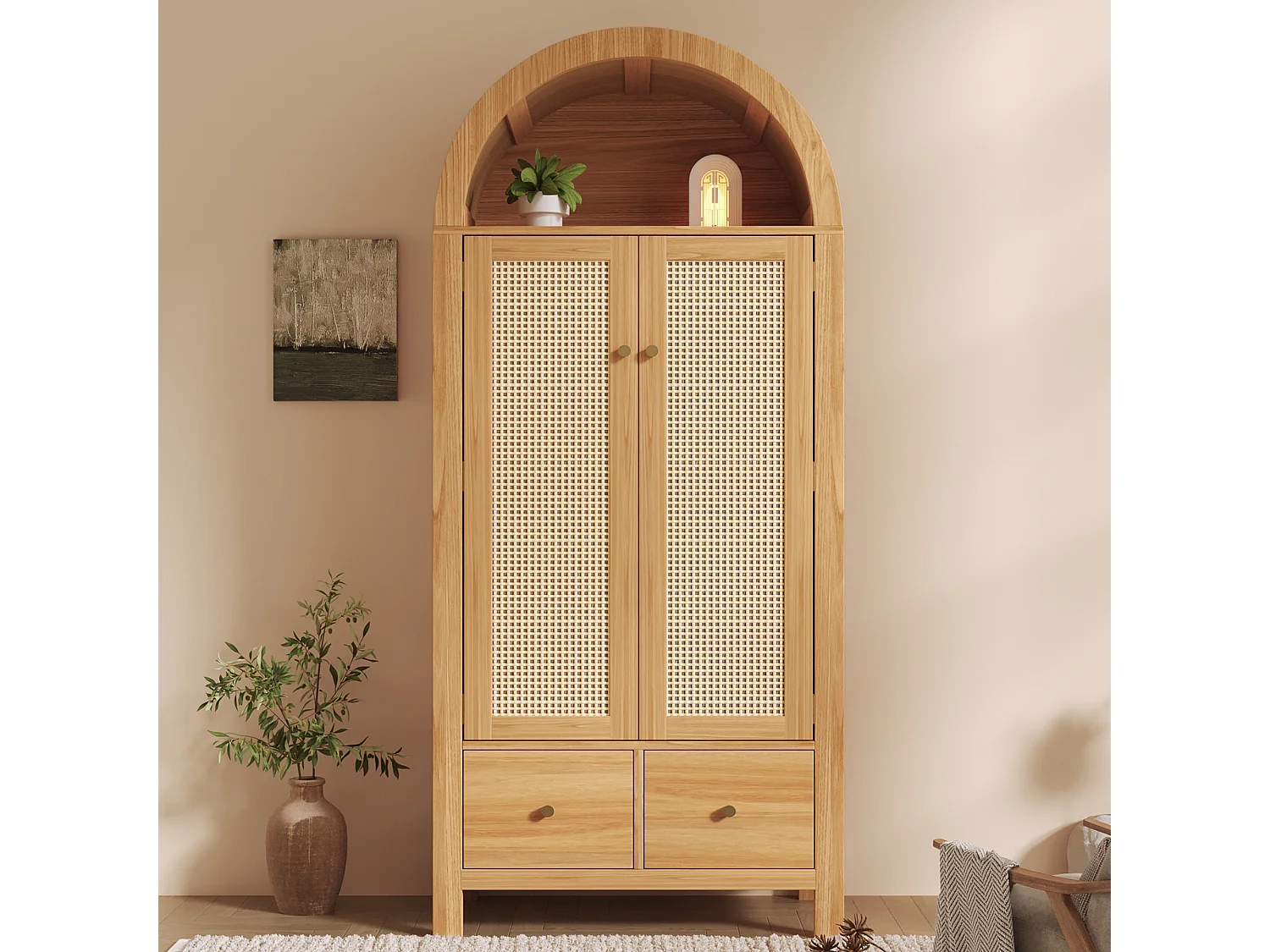 Schrank 78x45x181cm - Offene Regale und Kleiderstangen - mit 2 Rattantüren und 2 Schubladen - rustikaler Stil - Eichenfarbe