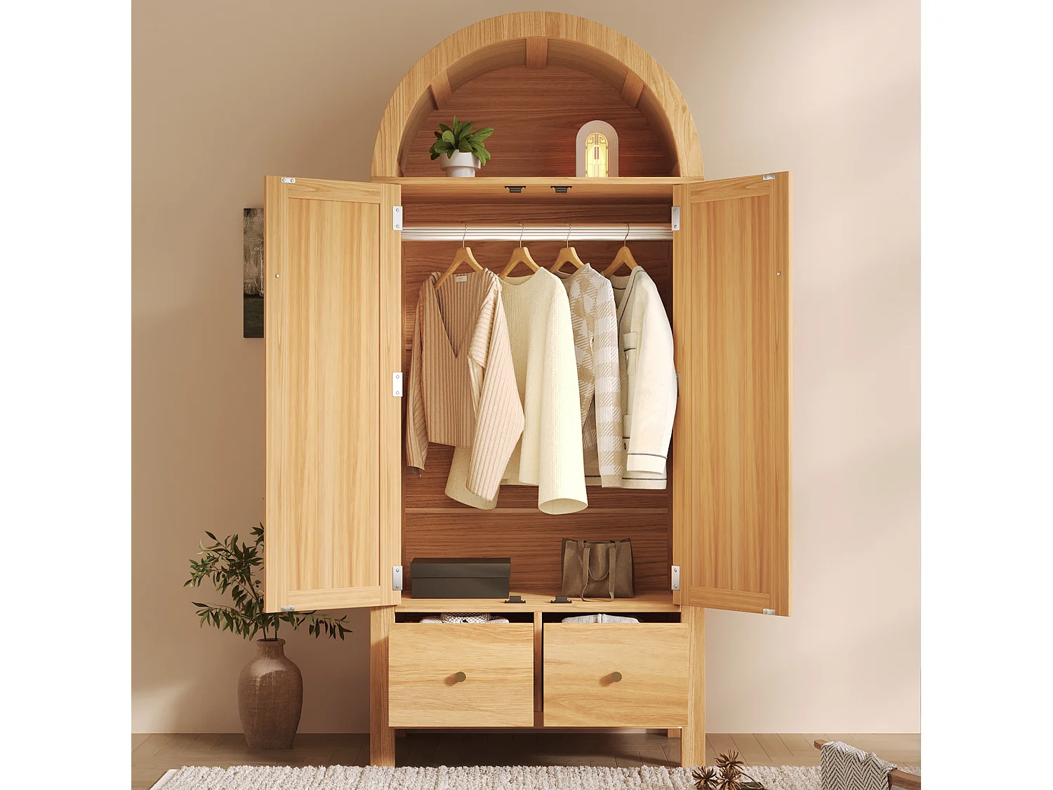 Schrank 78x45x181cm - Offene Regale und Kleiderstangen - mit 2 Rattantüren und 2 Schubladen - rustikaler Stil - Eichenfarbe