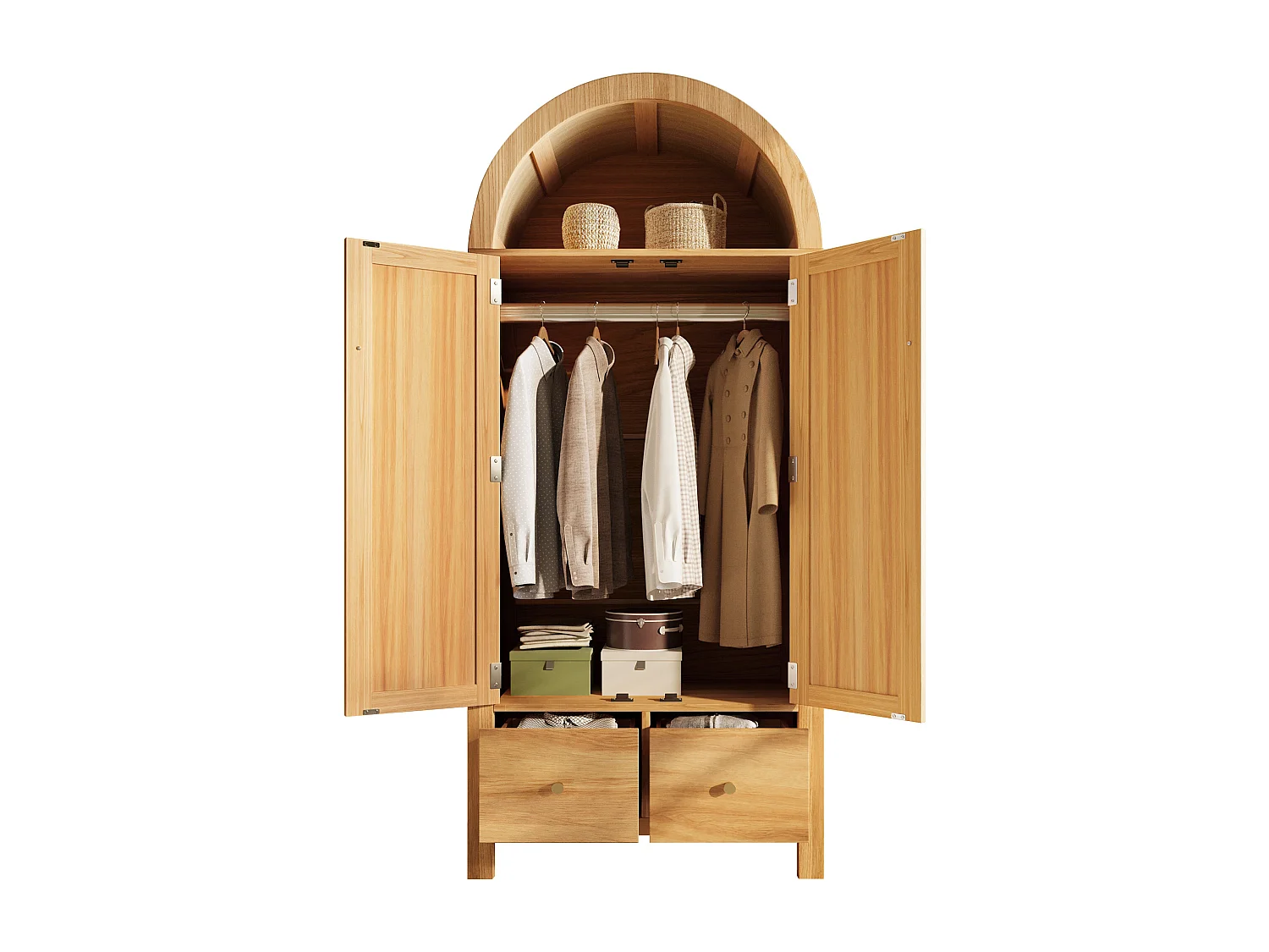 Schrank 78x45x181cm - Offene Regale und Kleiderstangen - mit 2 Rattantüren und 2 Schubladen - rustikaler Stil - Eichenfarbe