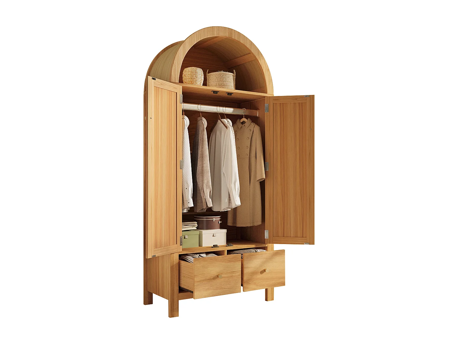 Schrank 78x45x181cm - Offene Regale und Kleiderstangen - mit 2 Rattantüren und 2 Schubladen - rustikaler Stil - Eichenfarbe