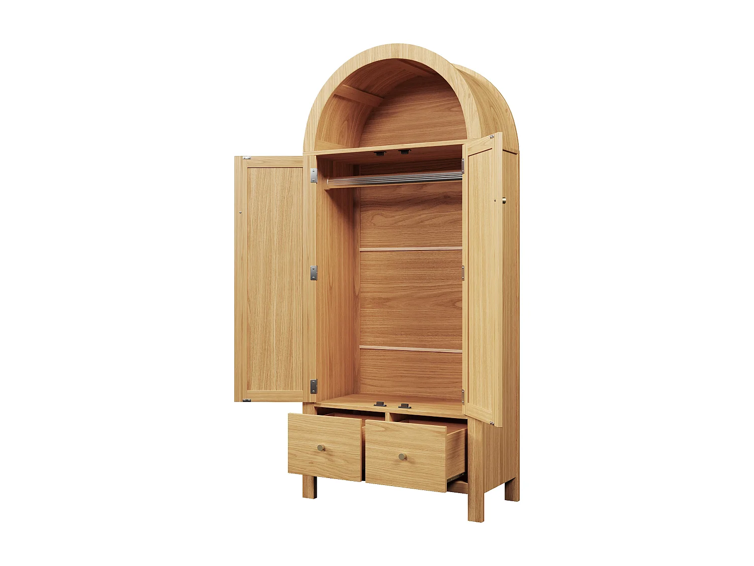 Schrank 78x45x181cm - Offene Regale und Kleiderstangen - mit 2 Rattantüren und 2 Schubladen - rustikaler Stil - Eichenfarbe