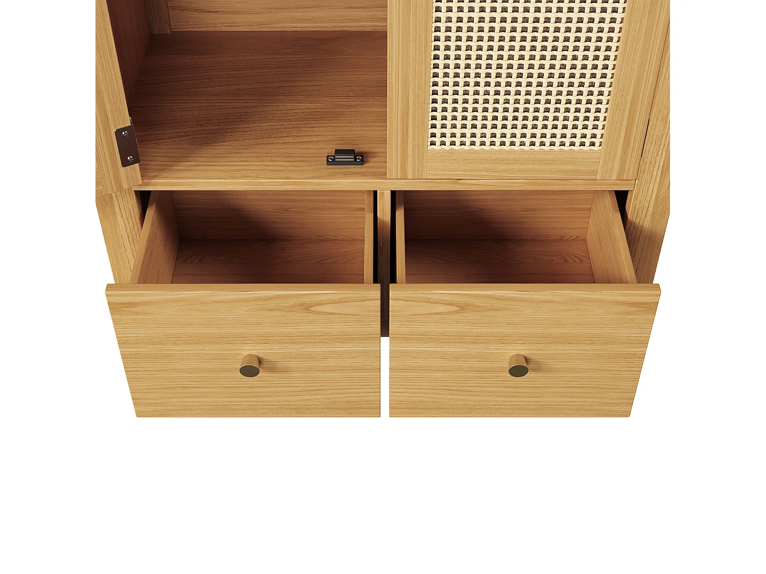 Schrank 78x45x181cm - Offene Regale und Kleiderstangen - mit 2 Rattantüren und 2 Schubladen - rustikaler Stil - Eichenfarbe