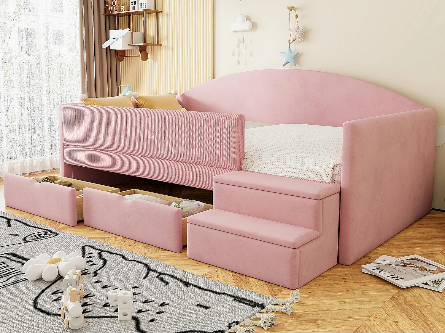 Lit enfant rembourré 90x190 cm - avec 2 tiroirs - avec marches - velours - rose (matelas non inclus)