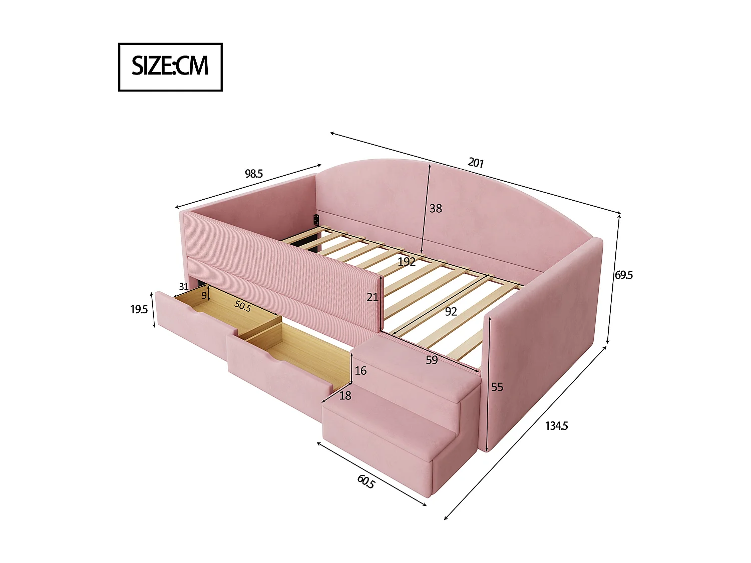 Lit enfant rembourré 90x190 cm - avec 2 tiroirs - avec marches - velours - rose (matelas non inclus)