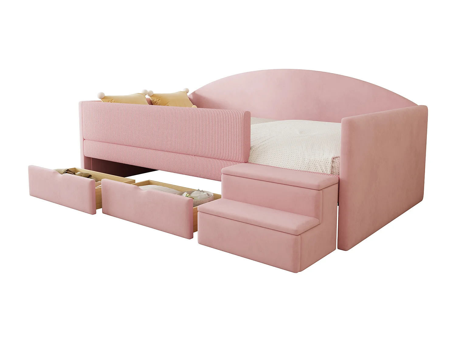 Lit enfant rembourré 90x190 cm - avec 2 tiroirs - avec marches - velours - rose (matelas non inclus)