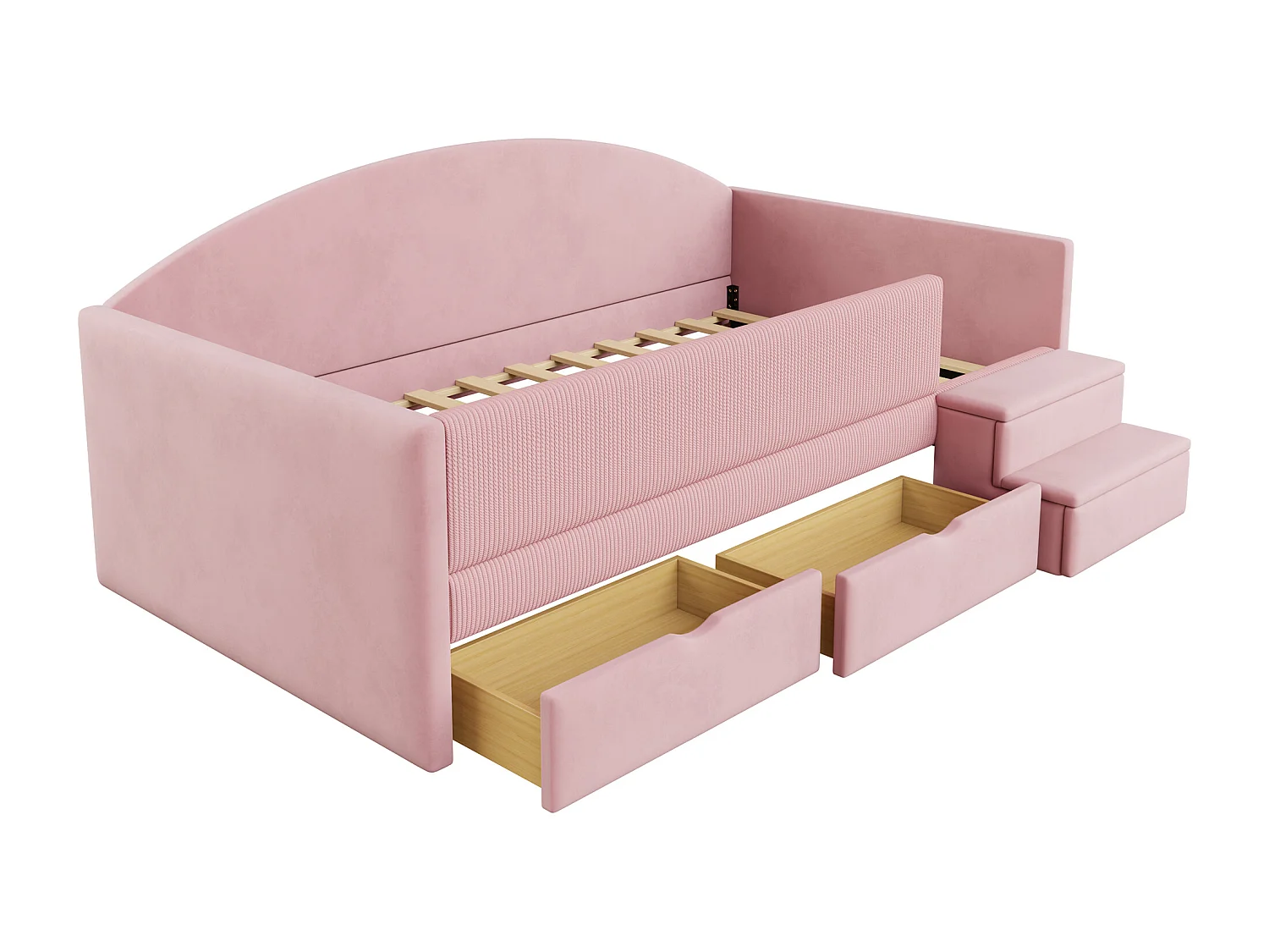 Lit enfant rembourré 90x190 cm - avec 2 tiroirs - avec marches - velours - rose (matelas non inclus)