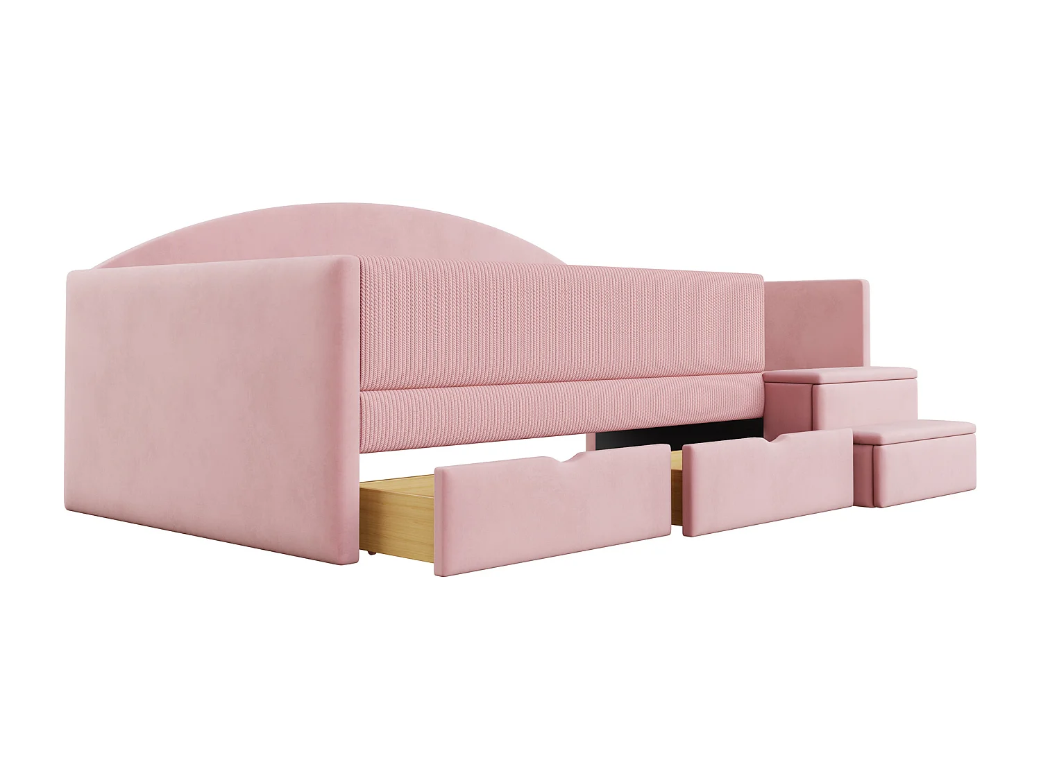 Lit enfant rembourré 90x190 cm - avec 2 tiroirs - avec marches - velours - rose (matelas non inclus)