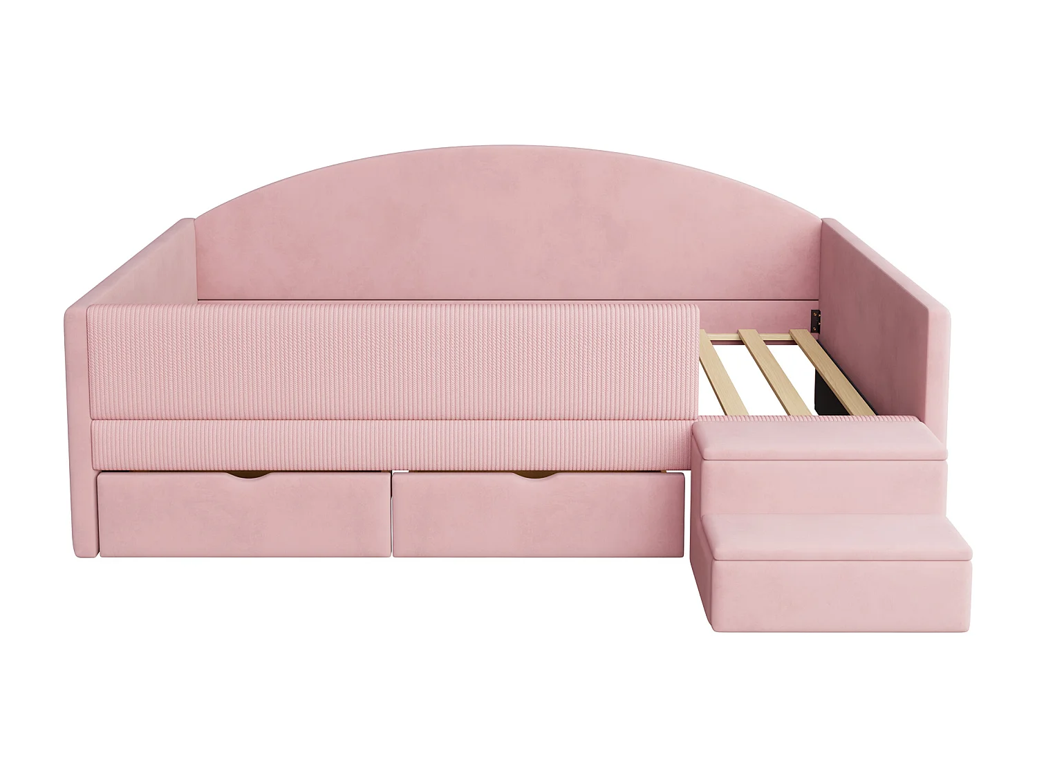 Lit enfant rembourré 90x190 cm - avec 2 tiroirs - avec marches - velours - rose (matelas non inclus)