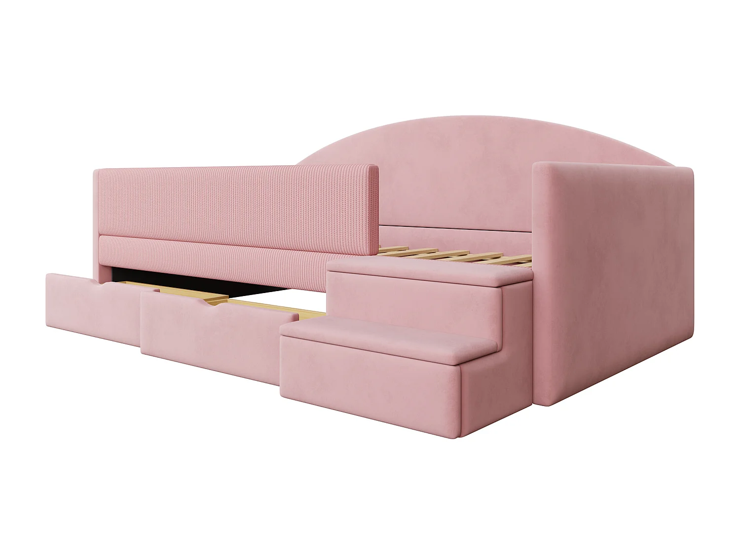 Lit enfant rembourré 90x190 cm - avec 2 tiroirs - avec marches - velours - rose (matelas non inclus)