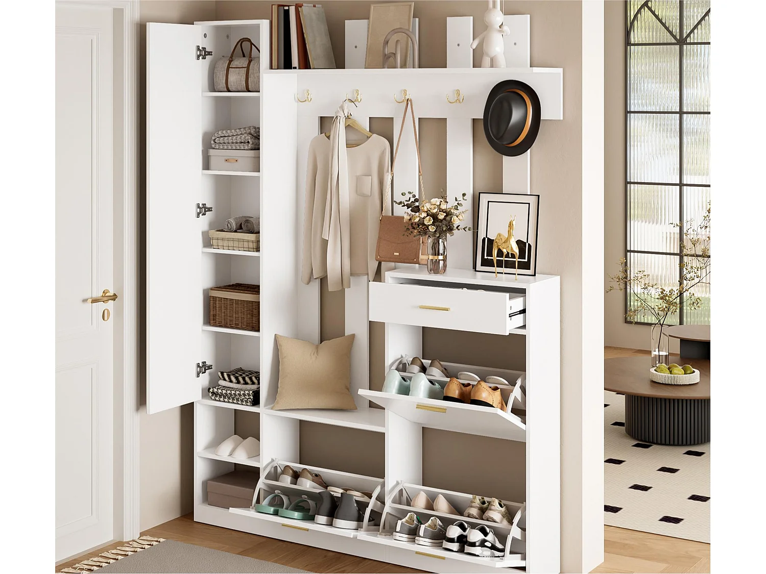 Garderoben-Set für den Eingangsbereich 133x23,5x180m - mit Spiegel und Schuhschrank - mit 1 Schublade und mehreren Haken. - Weiß