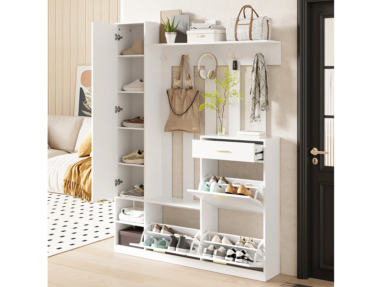 Garderoben-Set für den Eingangsbereich 133x23,5x180m - mit Spiegel und Schuhschrank - mit 1 Schublade und mehreren Haken. - Weiß