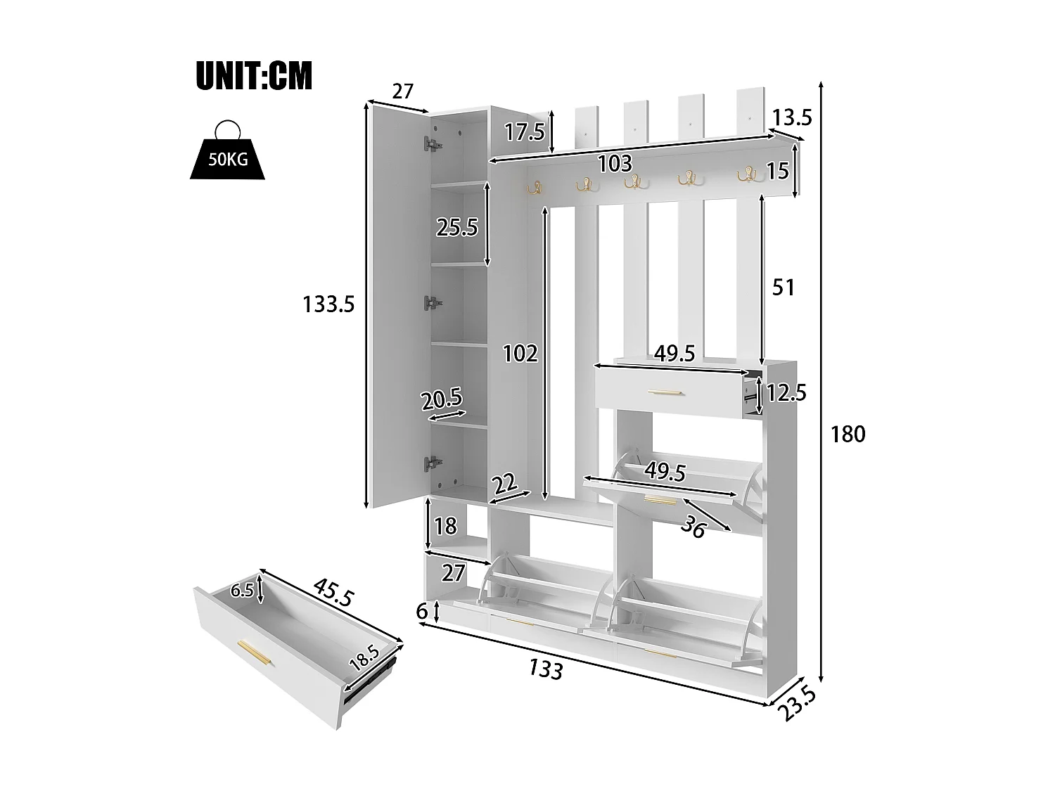 Garderoben-Set für den Eingangsbereich 133x23,5x180m - mit Spiegel und Schuhschrank - mit 1 Schublade und mehreren Haken. - Weiß