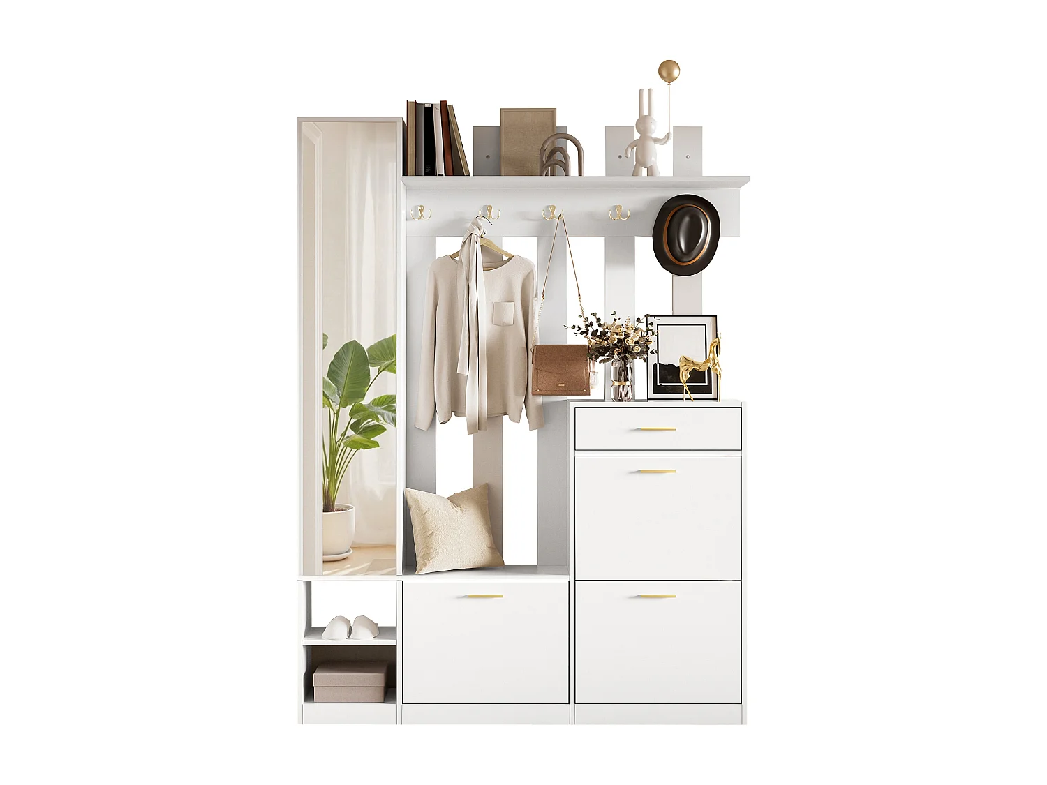 Garderoben-Set für den Eingangsbereich 133x23,5x180m - mit Spiegel und Schuhschrank - mit 1 Schublade und mehreren Haken. - Weiß