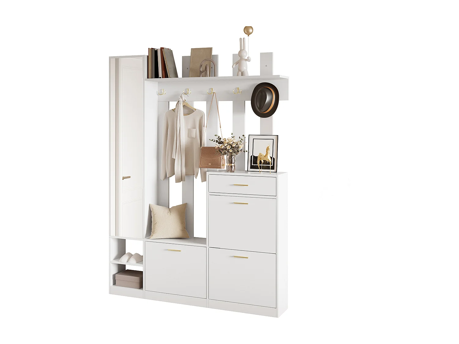 Garderoben-Set für den Eingangsbereich 133x23,5x180m - mit Spiegel und Schuhschrank - mit 1 Schublade und mehreren Haken. - Weiß